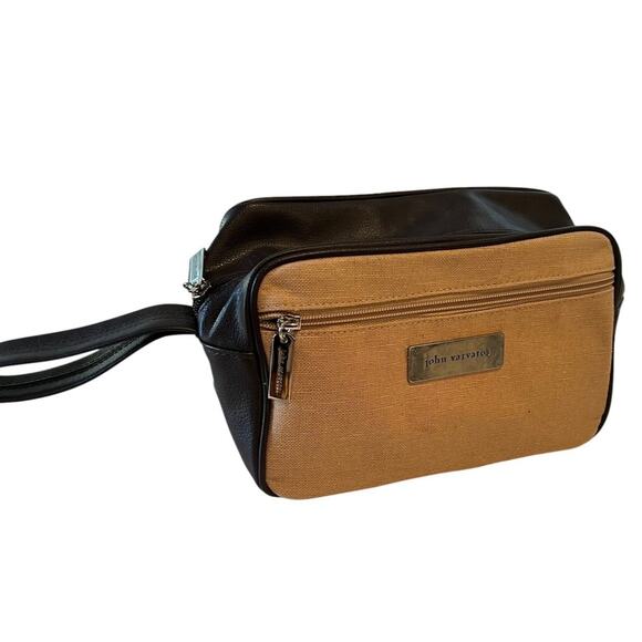 John Varvatos Mens Travel Toiletry Bag Tan Canvas Black Trim Dopp Kit - Picture 1 of 8